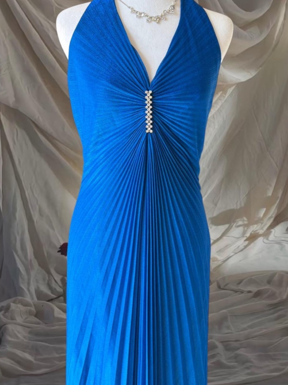 Vintage Aspeed Royal Blue Halter Pleated Evening Gown with Rhinestone Detail
